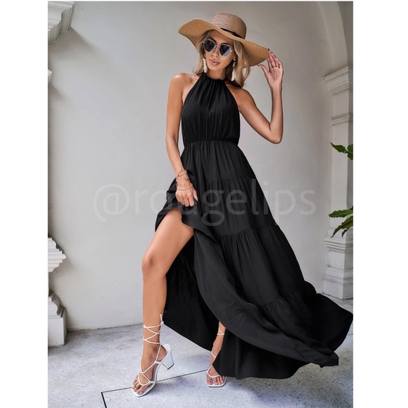 Black Maxi Dress Halter Neck Ties Backless Open Back Flared Long Ruffle Hem - Picture 4 of 8